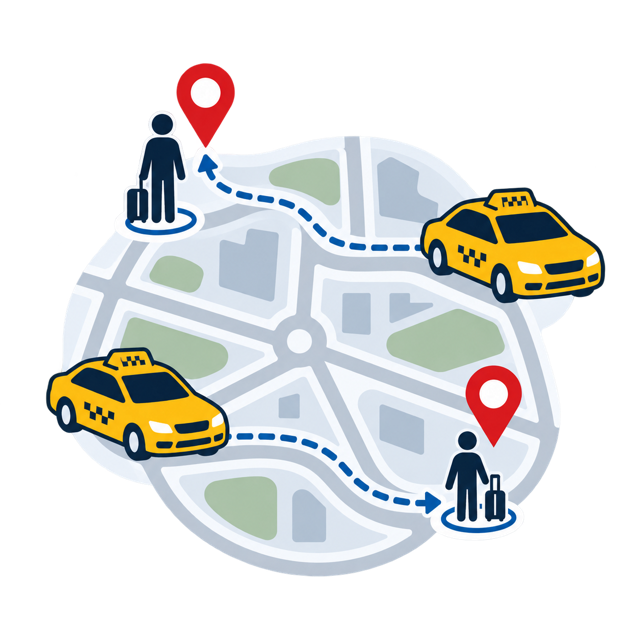 Taxis navigating to passenger pickup locations