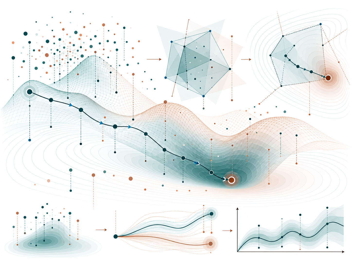 Illustration of optimization landscapes, geometric structures, and probabilistic trajectories