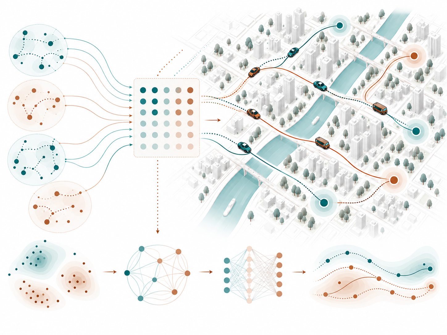 Illustration of data-driven control, transportation routes, and multi-agent system dynamics