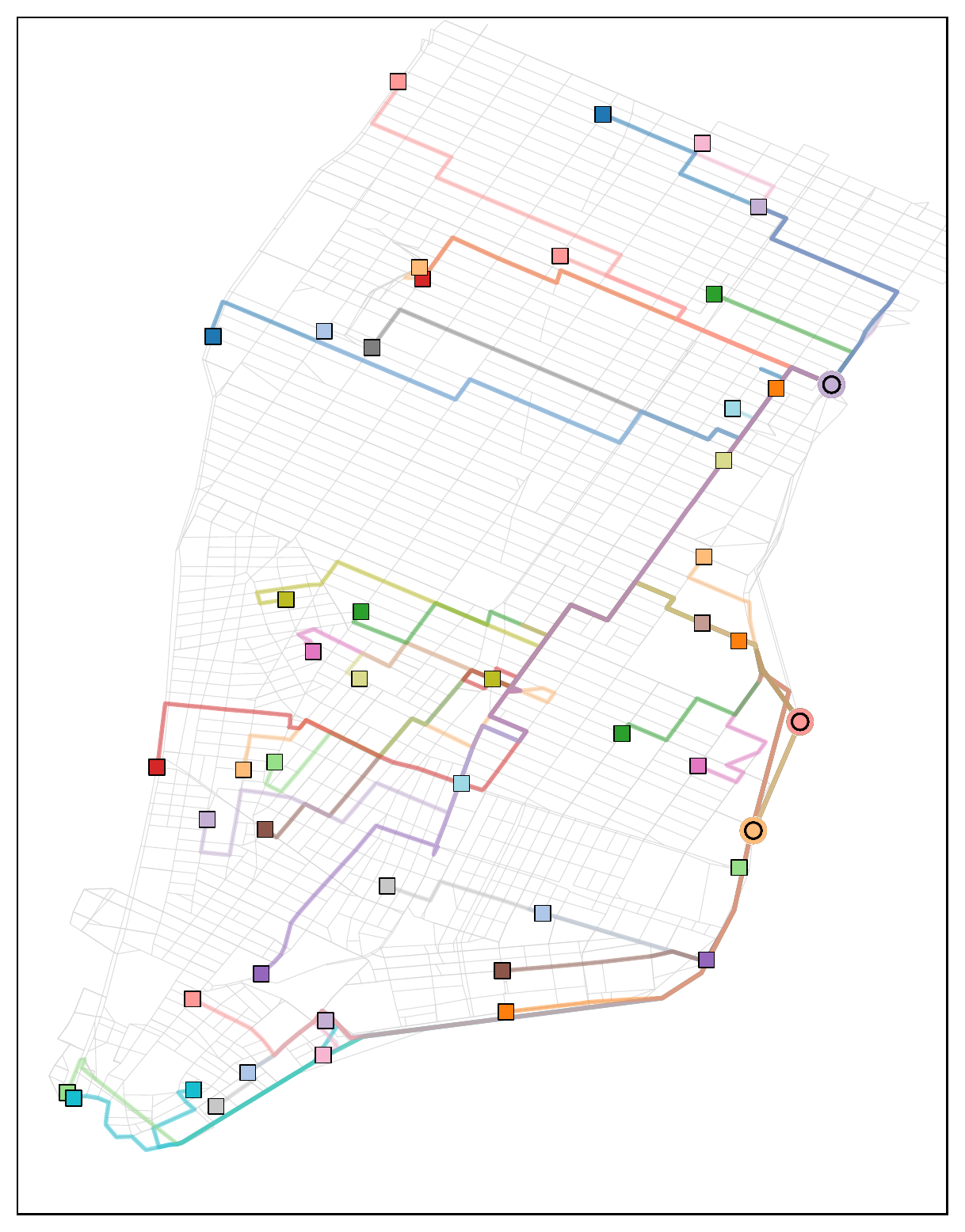 South Manhattan road network with colored vehicle routes connecting initial positions to delivery targets